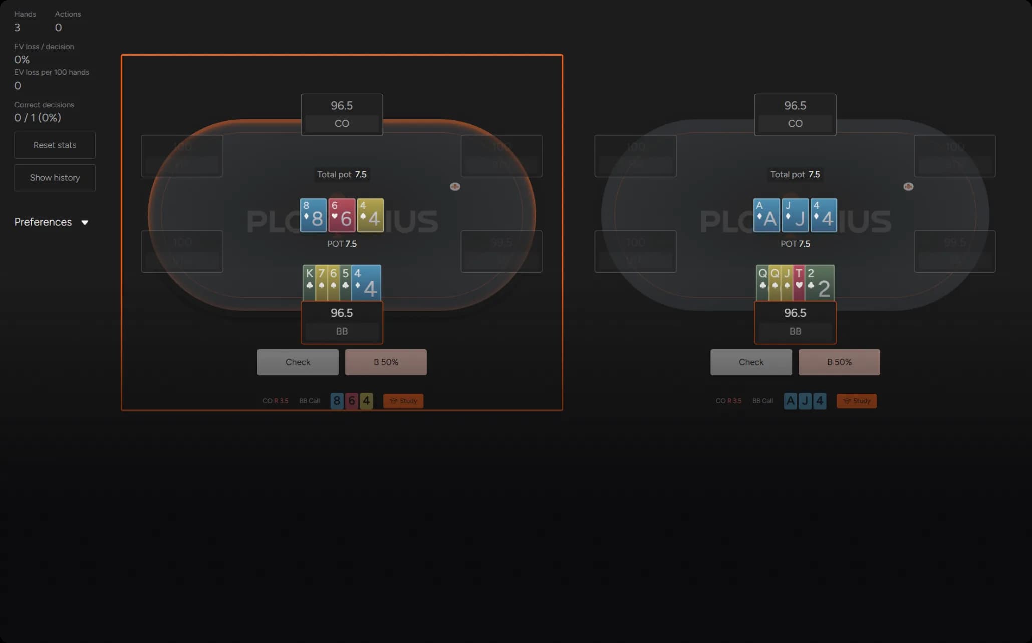 PLO Genius Trainer: two tables with a GTO decision to make at each