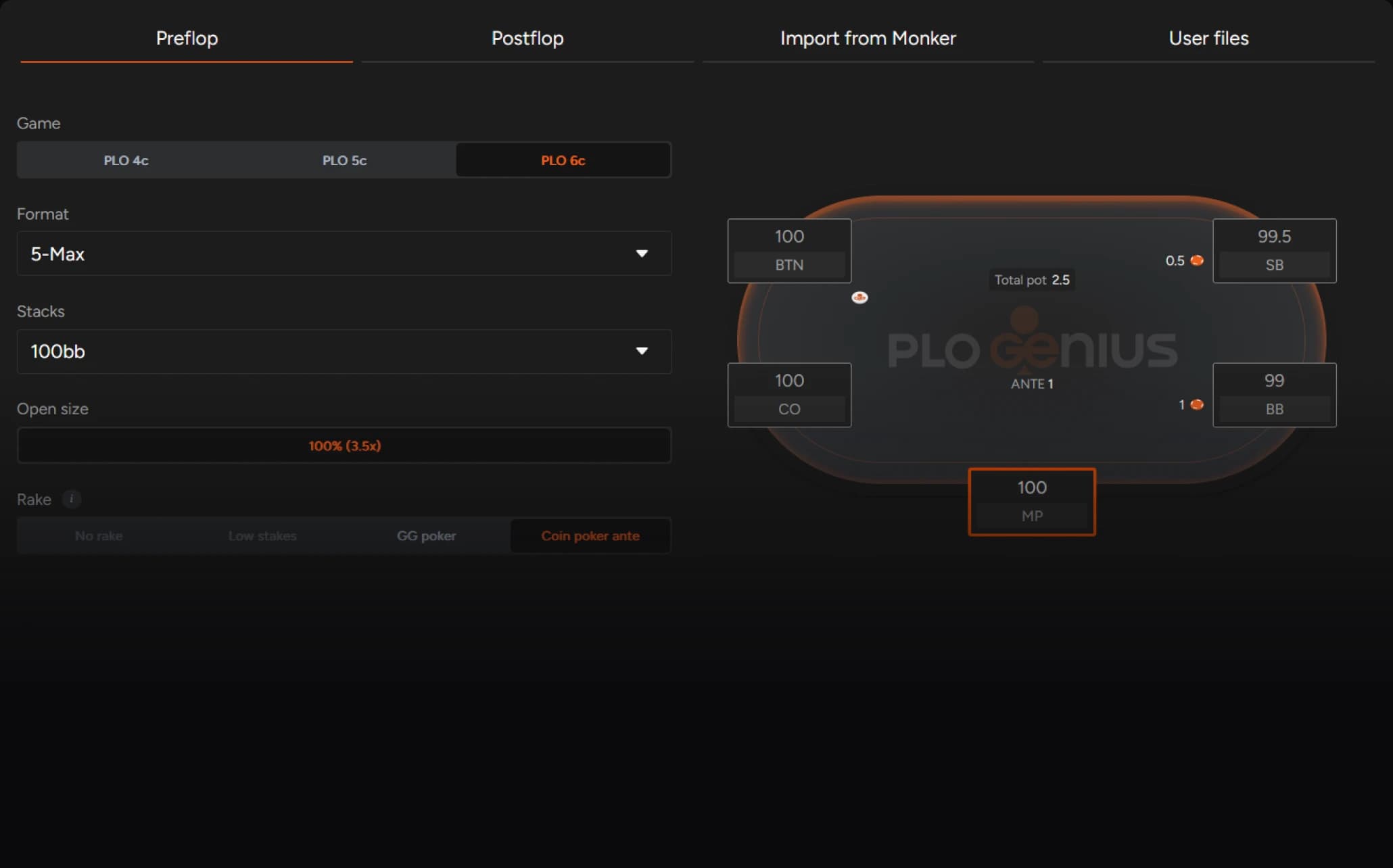 PLO Genius preflop setup for PLO6: game, format, stacks, open size and rake