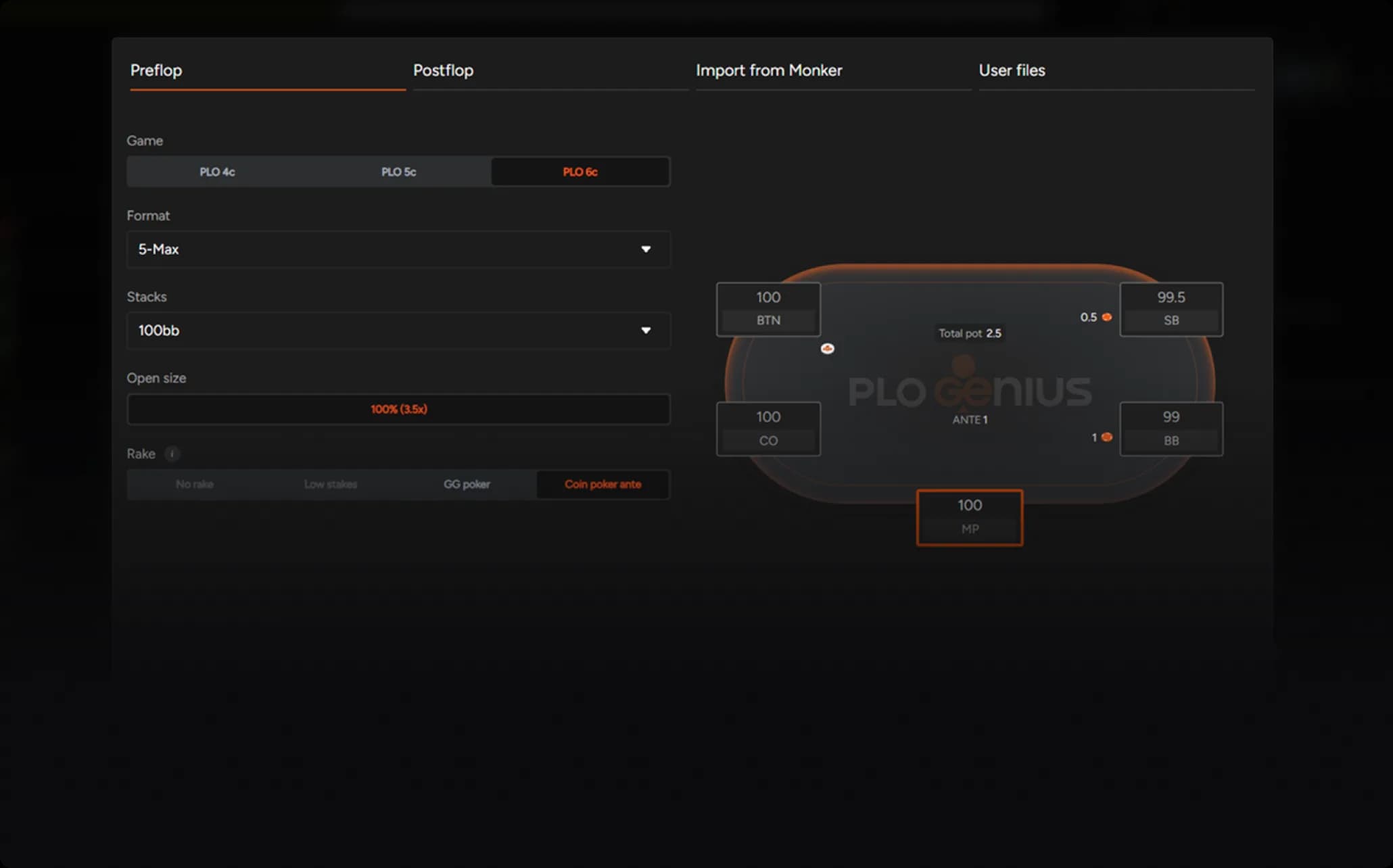PLO Genius preflop setup for PLO6: game, format, stacks, open size and rake