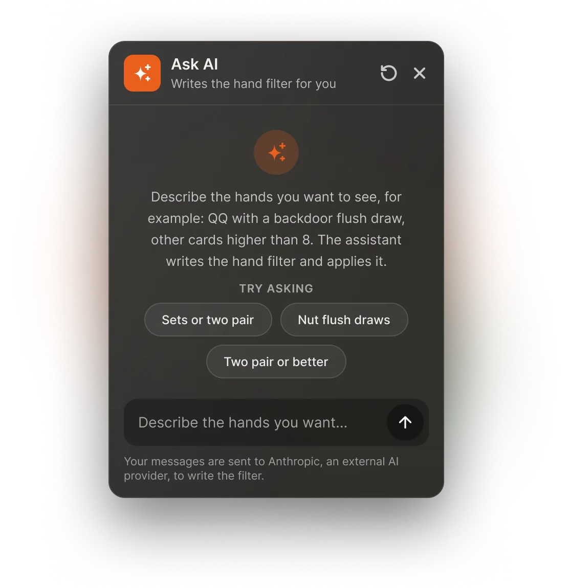 Ask AI in PLO Genius: describe the hands you want to see and the assistant writes the hand filter